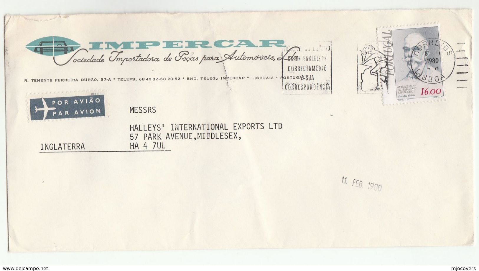 1980 Air Mail PORTUGAL Illus ADVERT COVER Impercar Auto Co  Stamps To GB Airmail Label - Covers & Documents