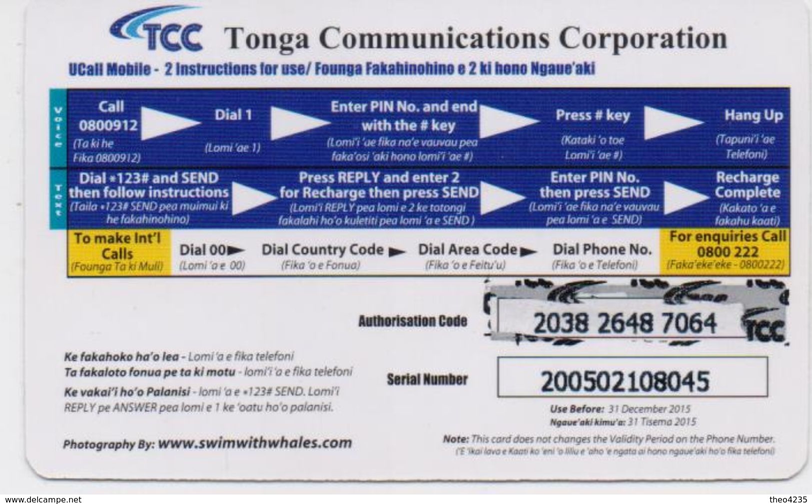 TONGA PREPAID PHONECARD TCC AQUA UNDERWATER CORAL REEF FISH  2$- Expire Date 31/12/15- USED(bx1) - Tonga