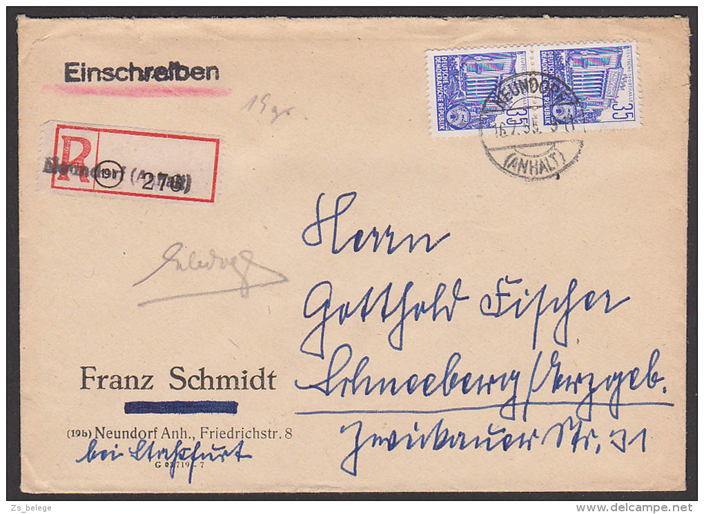 Neundorf (Anhalt) 35 Pfg.(2) DDR 417,  Berlin Deutsche Sporthalle 5-Jahrplan II R-Brief - Aushilfszettel - Briefe U. Dokumente