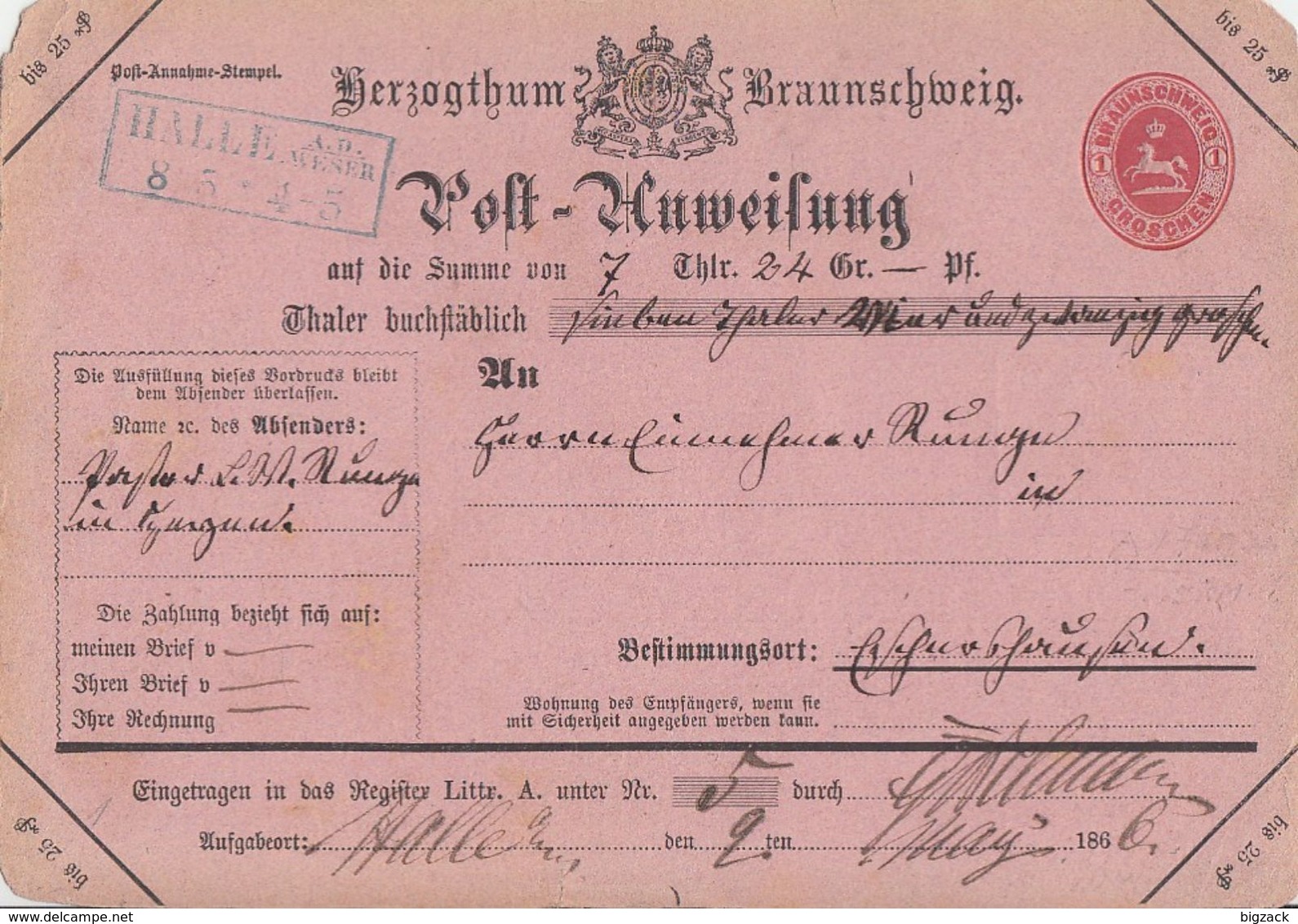 Braunschweig Post-Anweisung Blauer R2 Halle A. D. Weser 8.5 Gel. Nach K2 Eschershausen 9.5.1866 - Braunschweig