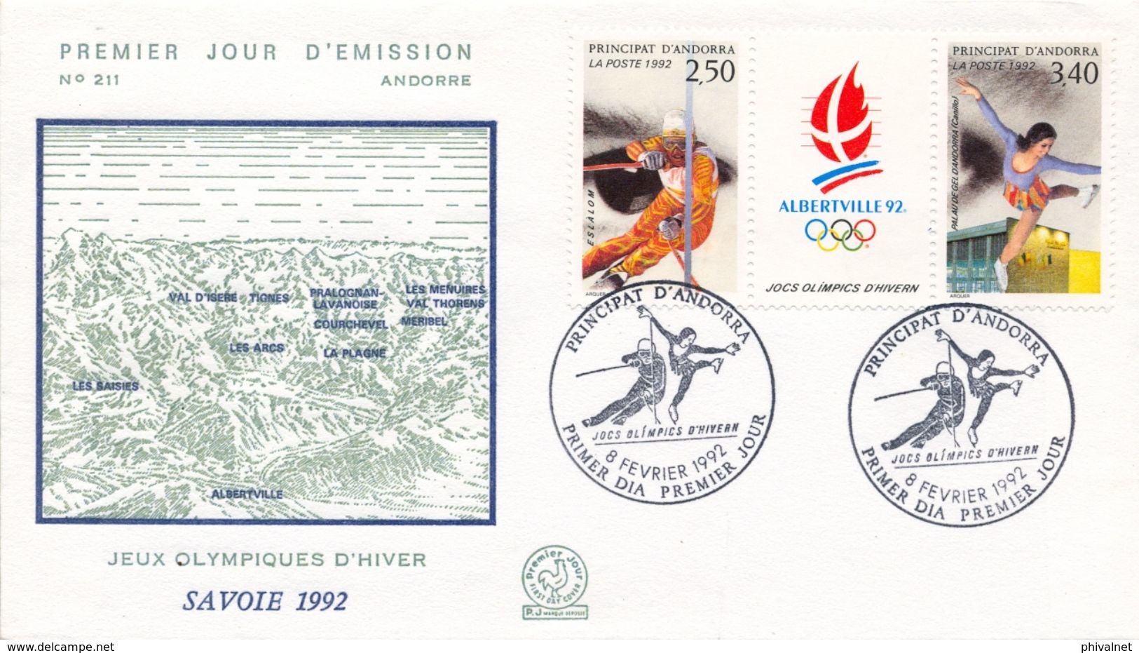 1992 ANDORRA FRANCESA , SOBRE DE PRIMER DIA , ED. 434 / 435 - JUEGOS OLÍMPICOS DE INVIERNO - FDC