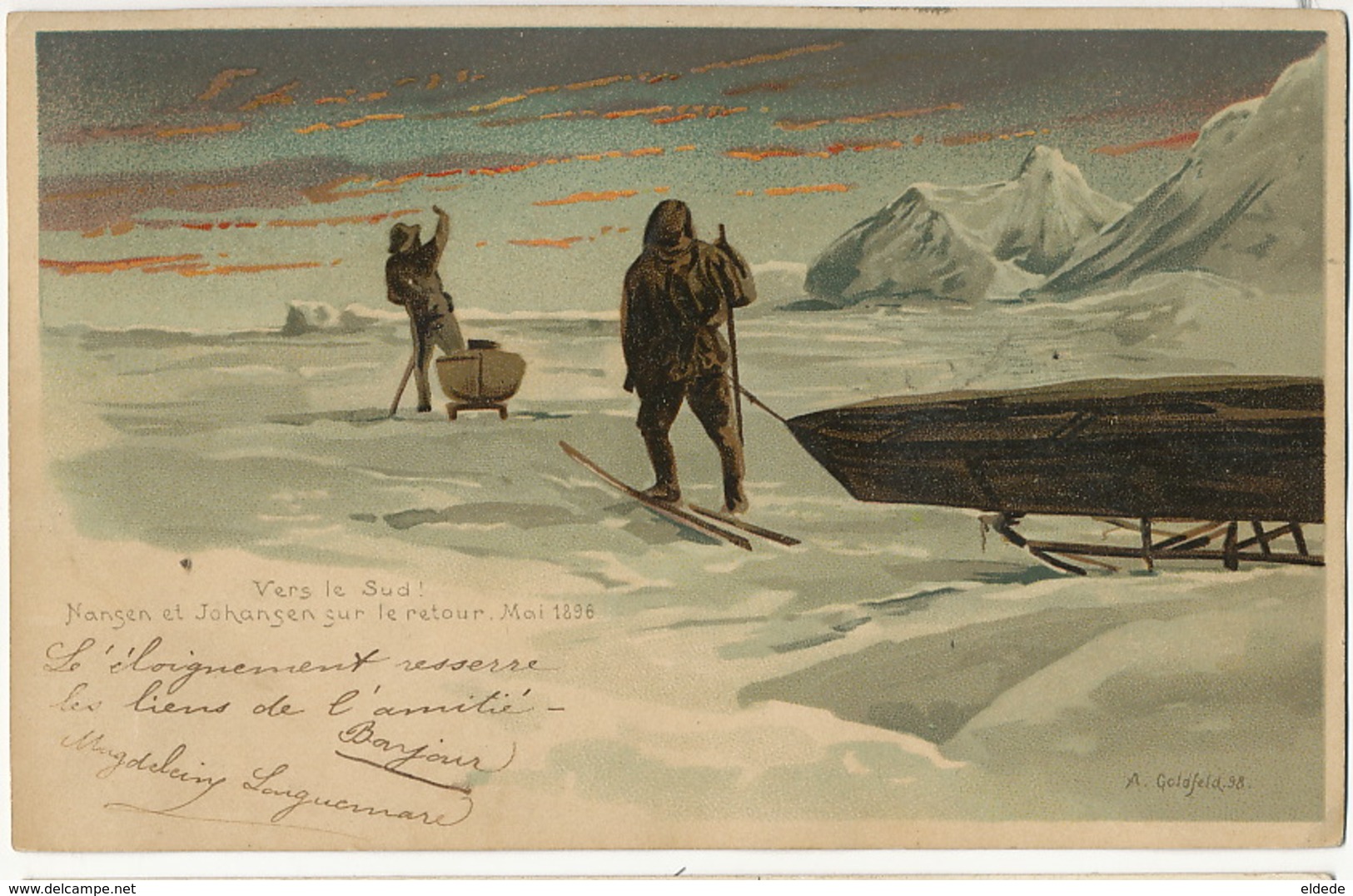 North Pole Nansen  Born Store Froen And Johansen Born Skien Norway Mai 1896  Litho A. Goldfeld 1898 Used From Livarot - TAAF : Territori Francesi Meridionali