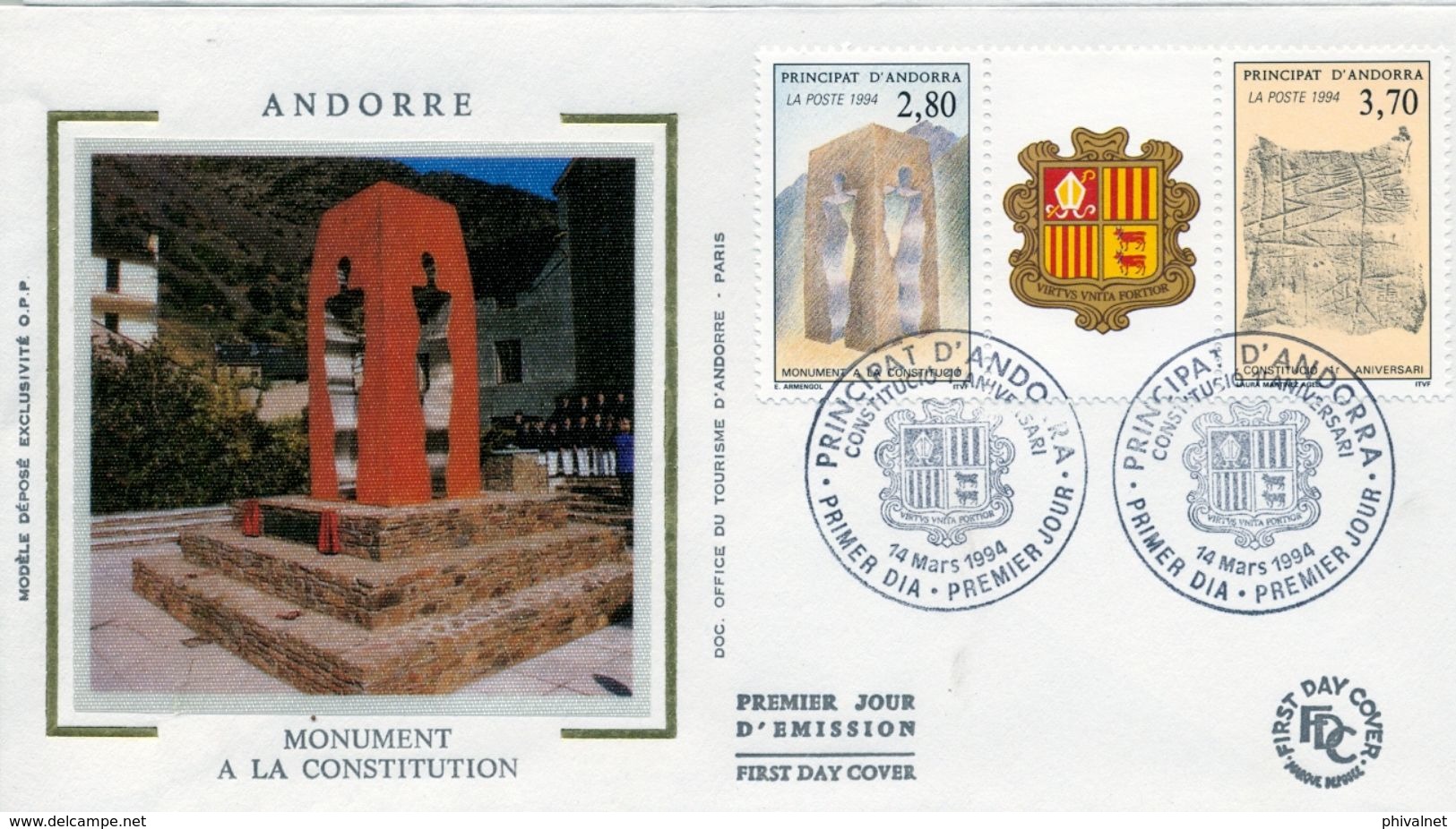 1994 ANDORRA FRANCESA , SOBRE DE PRIMER DIA , ED. 463 / 464 , PRIMER ANIVERSARIO DE LA CONSTITUCIÓN - FDC