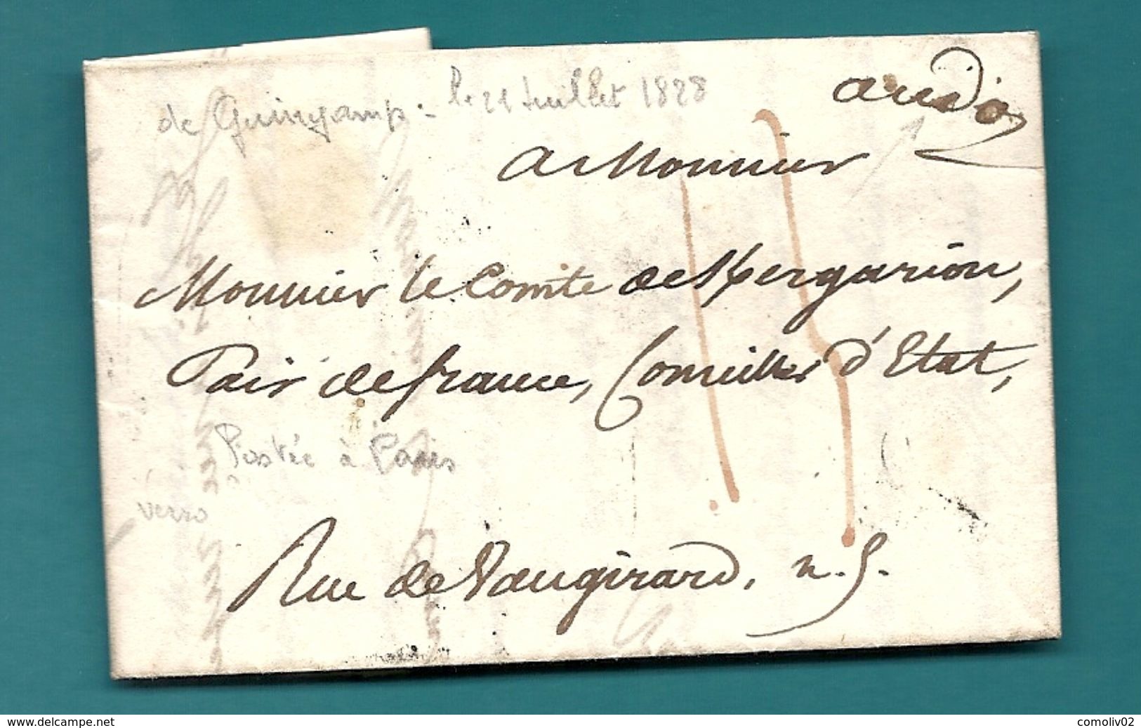 Dispersion D'une Collection De Paris. Pour Le Comte De KERGARIOU . Ecrite à Guingamp (1828). VOIR DESCRIPTION - 1801-1848: Précurseurs XIX