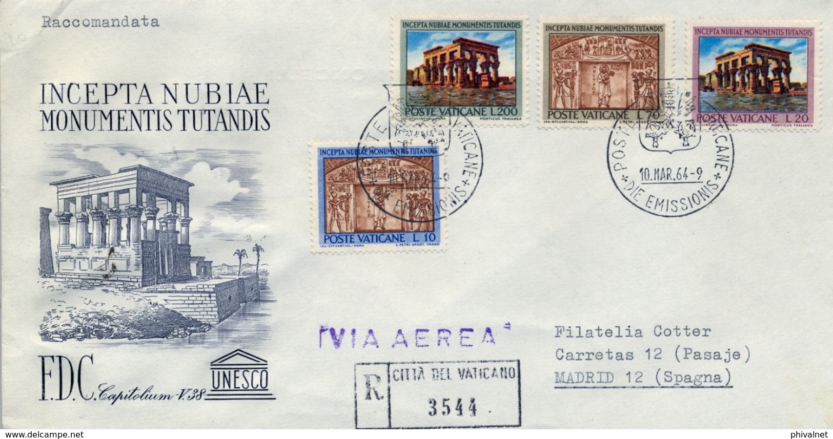 1964 , VATICANO , SOBRE CIRCULADO , VIA AÉREA - MONUMENTOS DE NUBIA , LLEGADA AL DORSO - Storia Postale