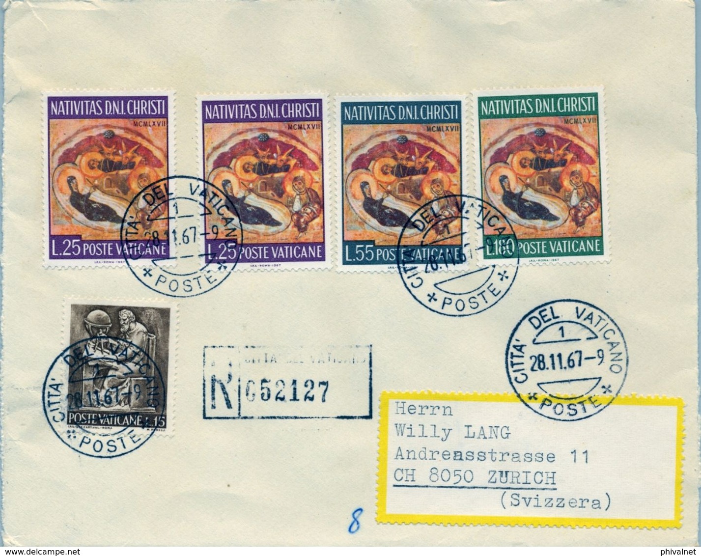 1967 , VATICANO , SOBRE CERTIFICADO A ZÜRICH , LLEGADA AL DORSO - Storia Postale