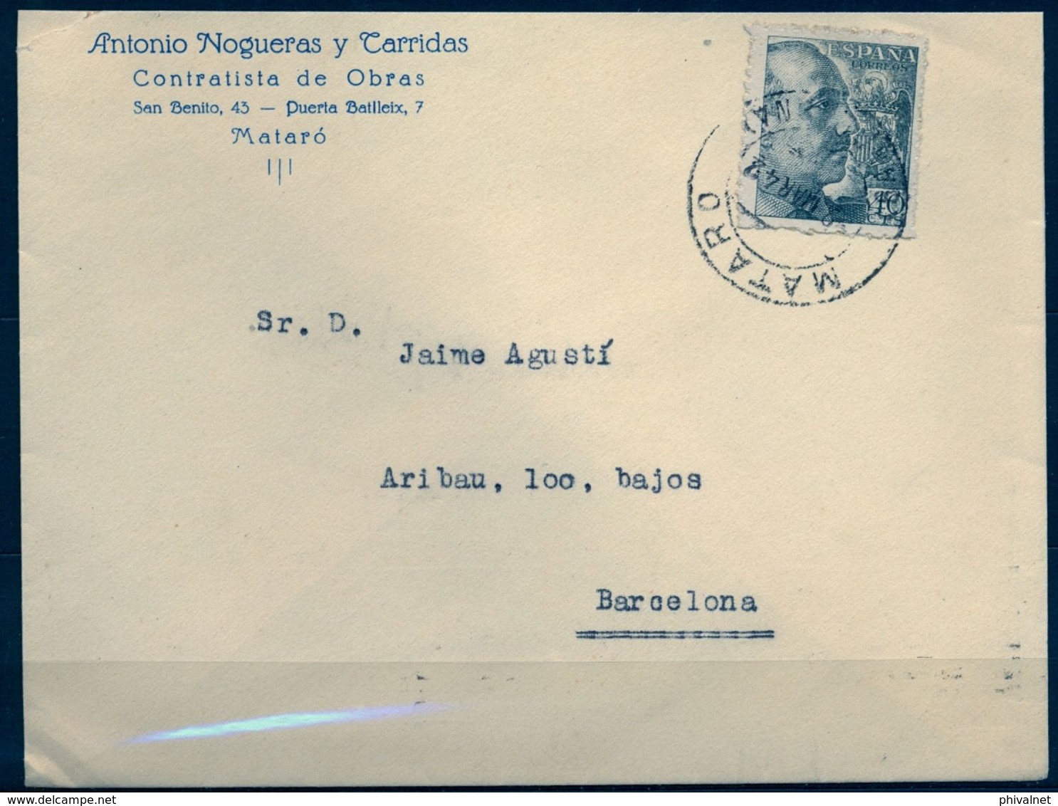 1942 , BARCELONA , SOBRE COMERCIAL CIRCULADO , MATARÓ - Cartas & Documentos