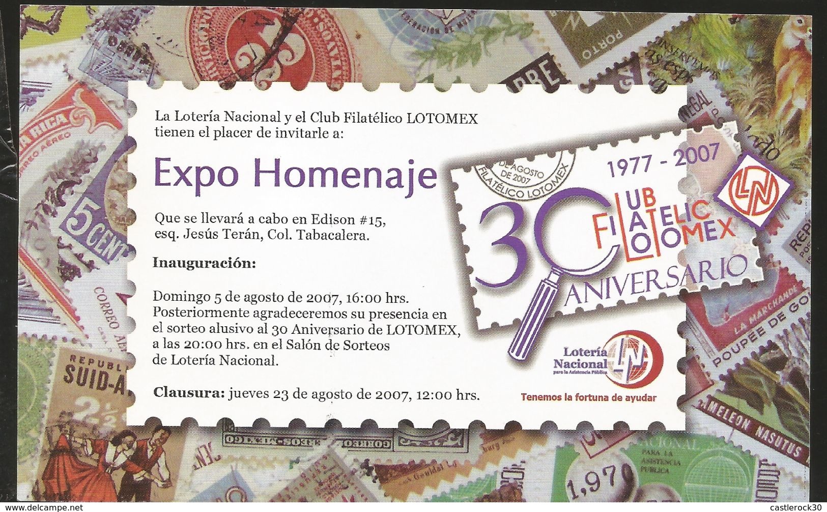 J) 2007 MEXICO, 30TH ANNIVERSARY OF THE LOTOMEX PHILATELIC CLUB, HOMAGE EXPO, ON CARBOARD - Mexique