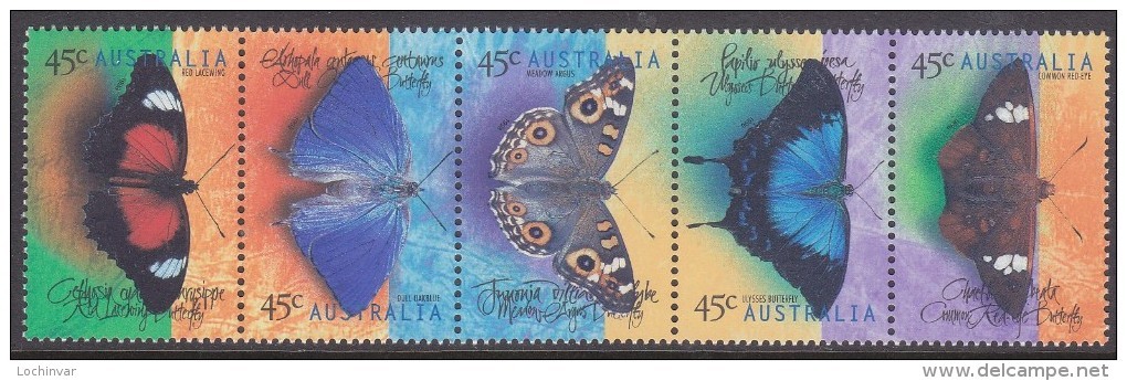 AUSTRALIA, 1998 BUTTERFLIES STRIP 5 MNH - Nuevos