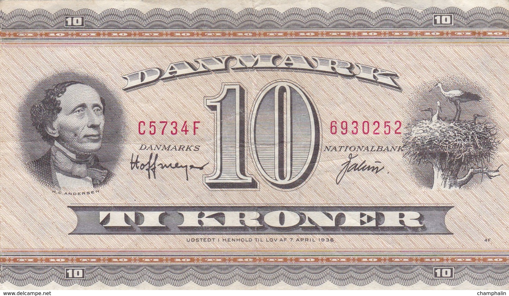 Danemark - Billet De 10 Kroner - H.C. Andersen - 7 Avril 1936 - Danemark