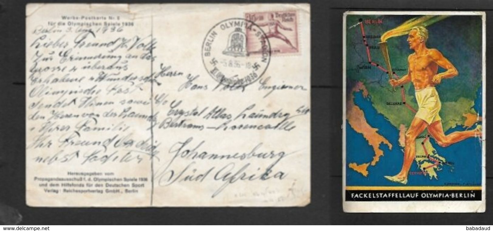 Germany 1936 , 15 +10 Pf, BERLIN OLYMPIA STADION 5 VIII 36 On Card > S.Africa - Covers & Documents