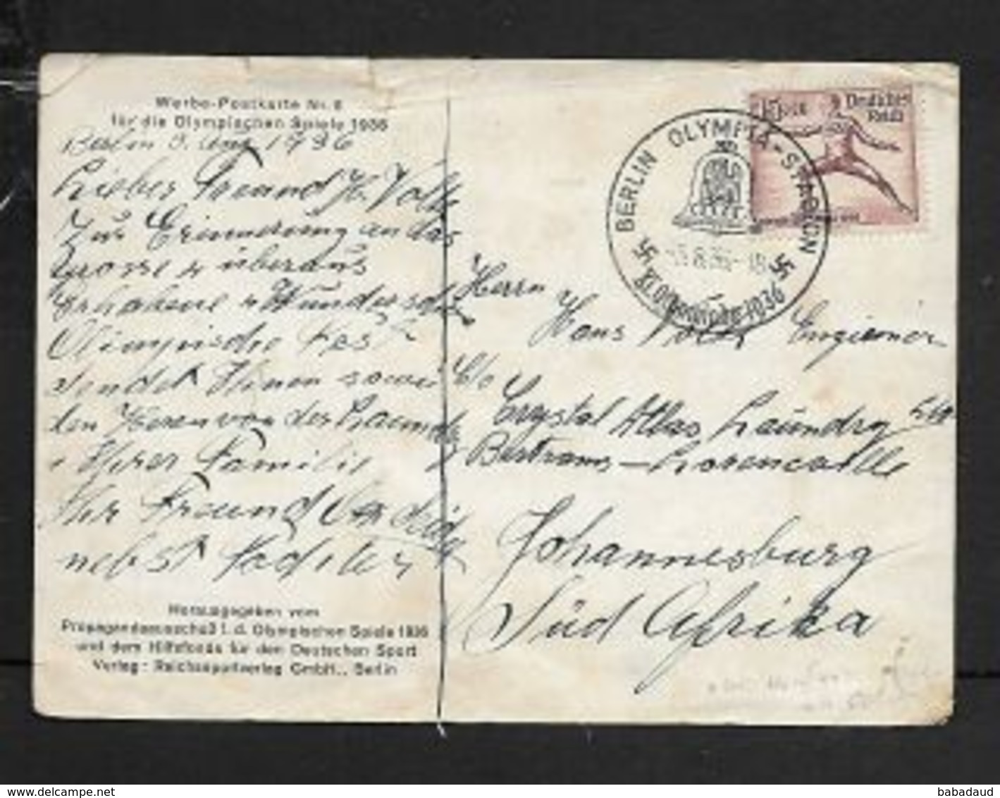 Germany 1936 , 15 +10 Pf, BERLIN OLYMPIA STADION 5 VIII 36 On Card > S.Africa - Covers & Documents