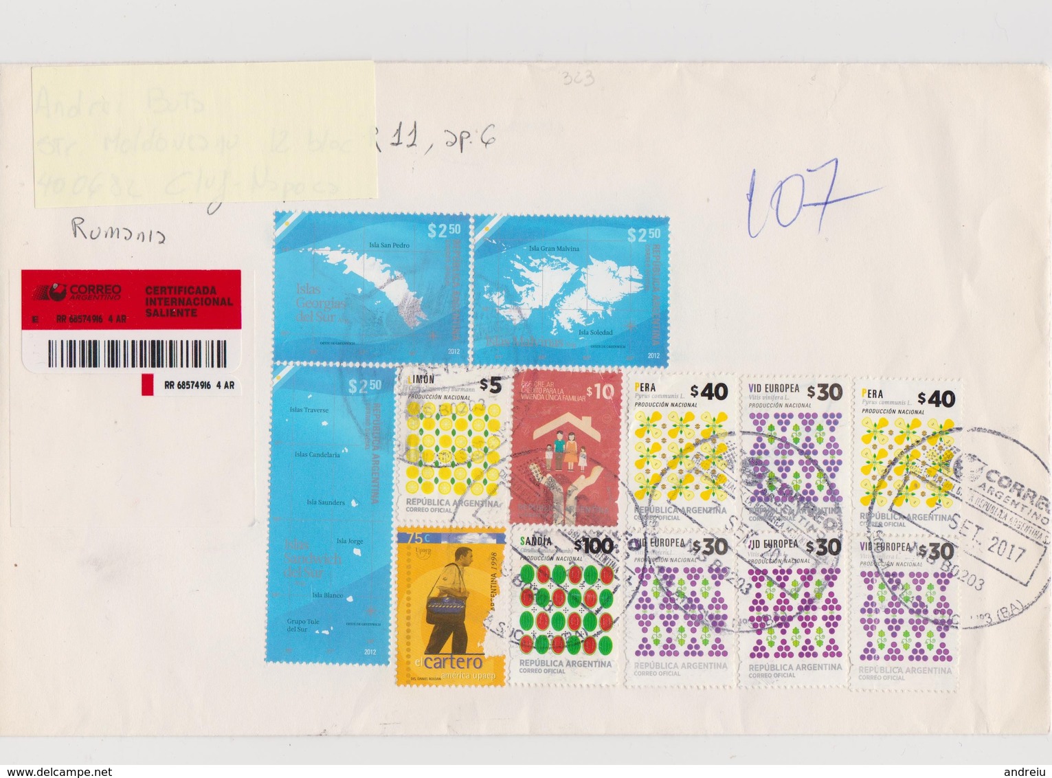 2017 Argentina - Nice Registered Cover Sent Romania,13 Stamps, Maps Full Set, Artisanat, Post, Stationery Entier - Storia Postale