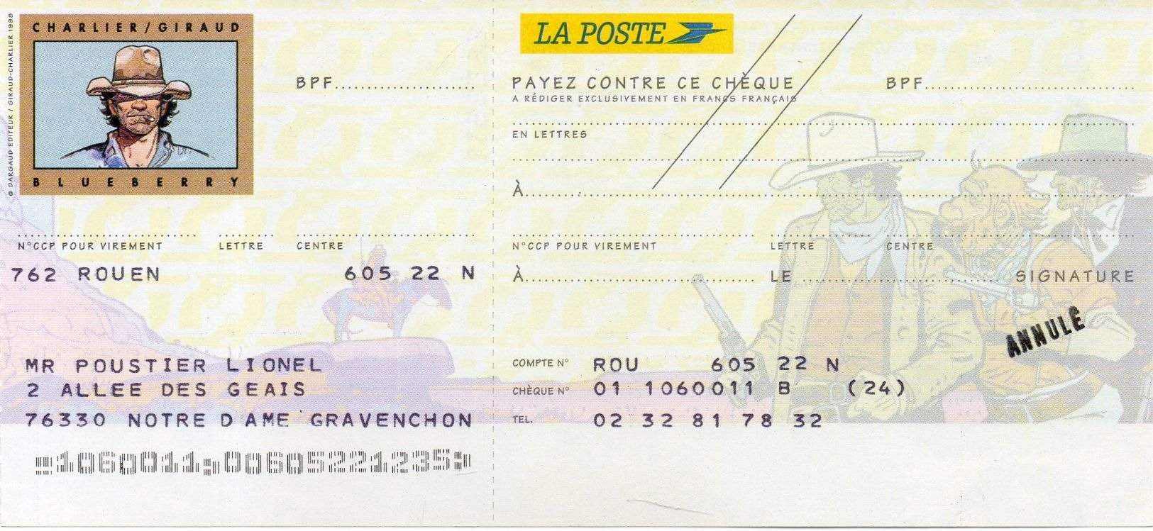 Chéque La POSTE - Charlier / Giraud - Blueberry - Chèques & Chèques De Voyage