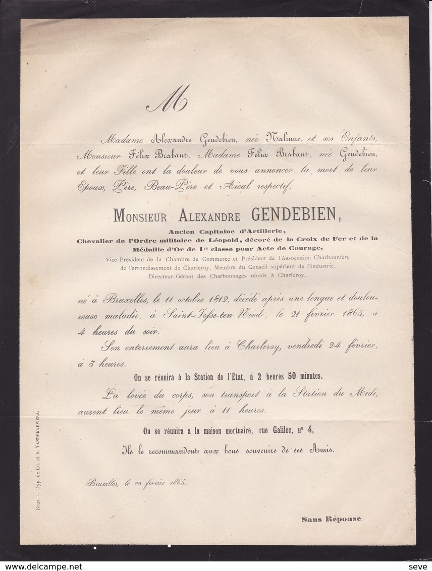 CROIX DE FER 1830 Alexandre GENDEBIEN époux NALINNE 1812-1865 Bruxelles CHARLEROI Charbonnages - Avvisi Di Necrologio