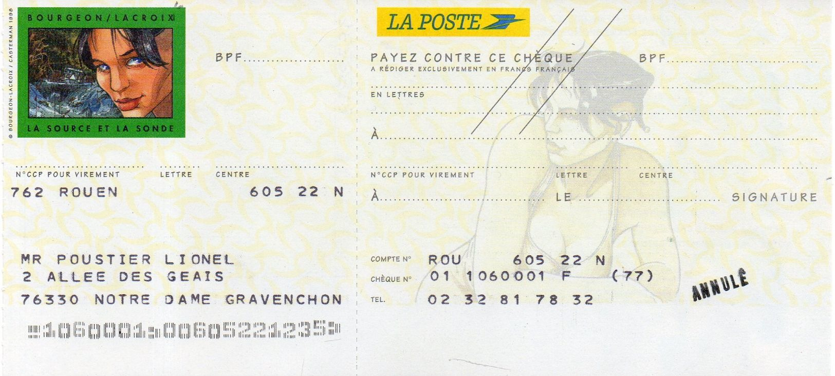 Chéque La POSTE - Bourgeon - Lacroix / La Source Et La Sonde - Cheques & Traverler's Cheques