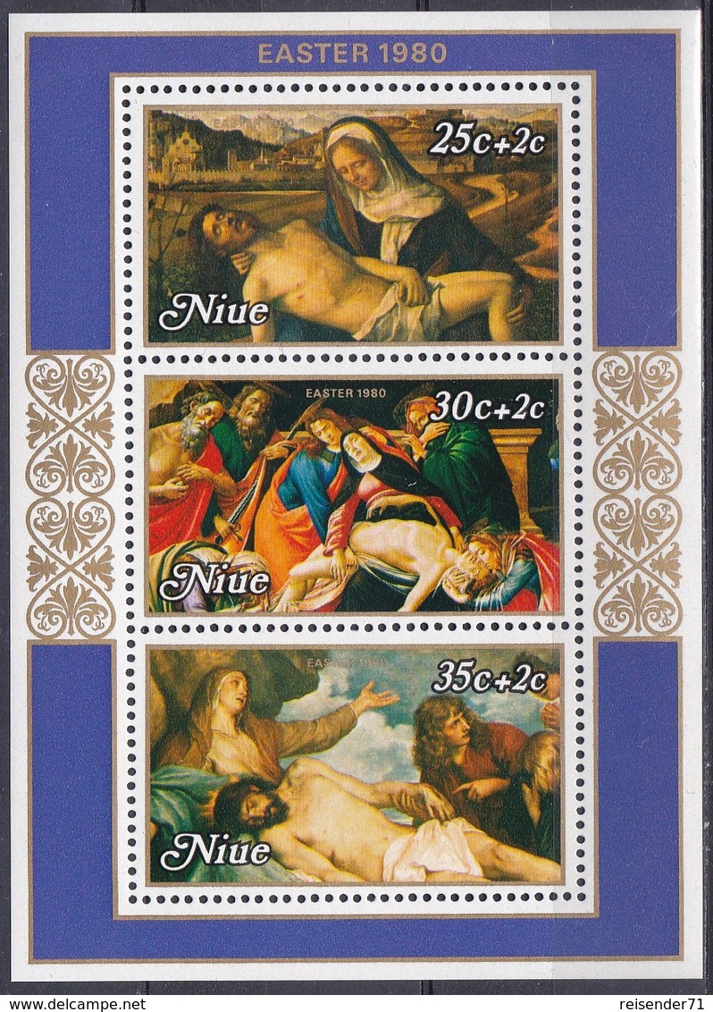 Niue 1980 Religion Christentum Ostern Easter Kunst Arts Kultur Gemälde Paintings Bellini Botticelli Van Dyck, Bl. 28 ** - Niue
