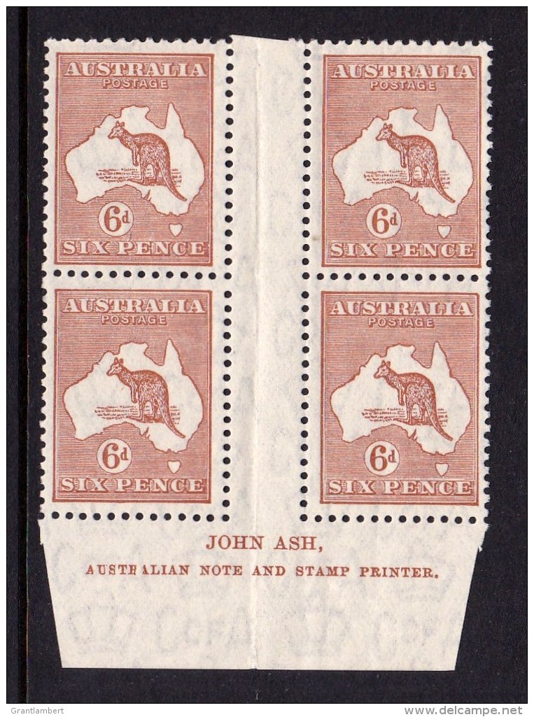 Australia 1932 Kangaroo 6d Chestnut CofA Wmk Ash Imprint Block Of 4 MNH - Ongebruikt