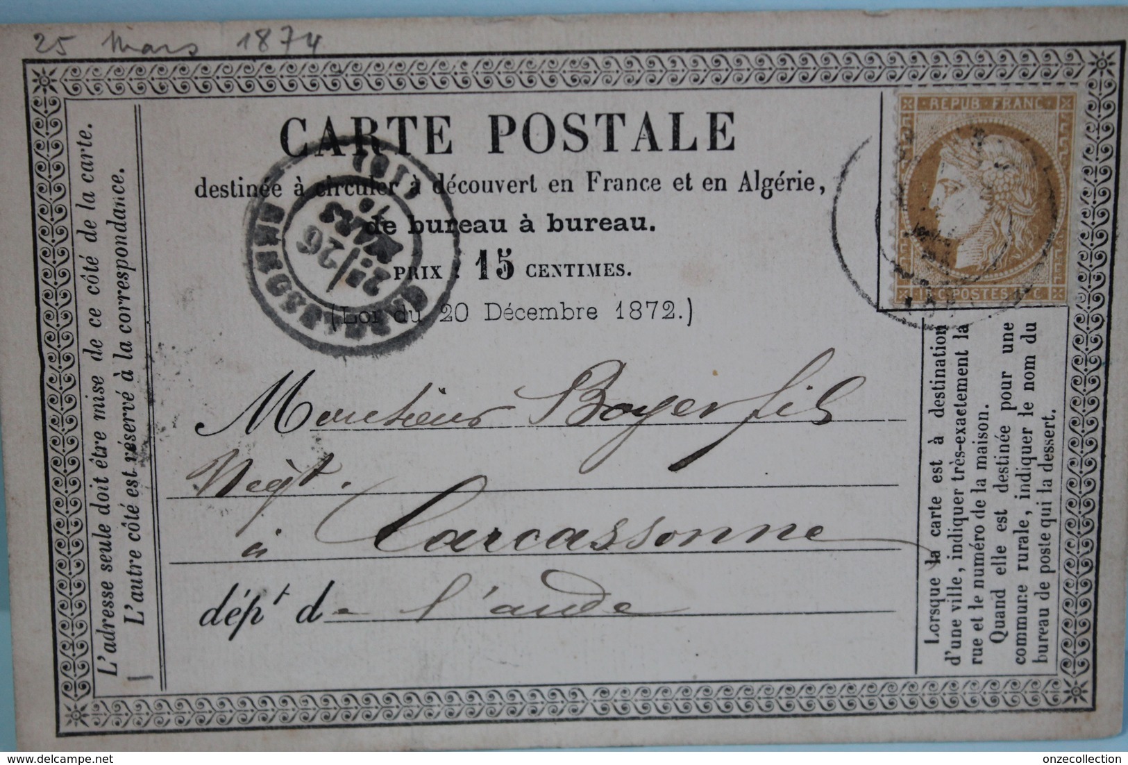 1874      -       CERES             15 C  BISTRE             BEZIERS        POUR            CARCASSONNE - Cartes Précurseurs