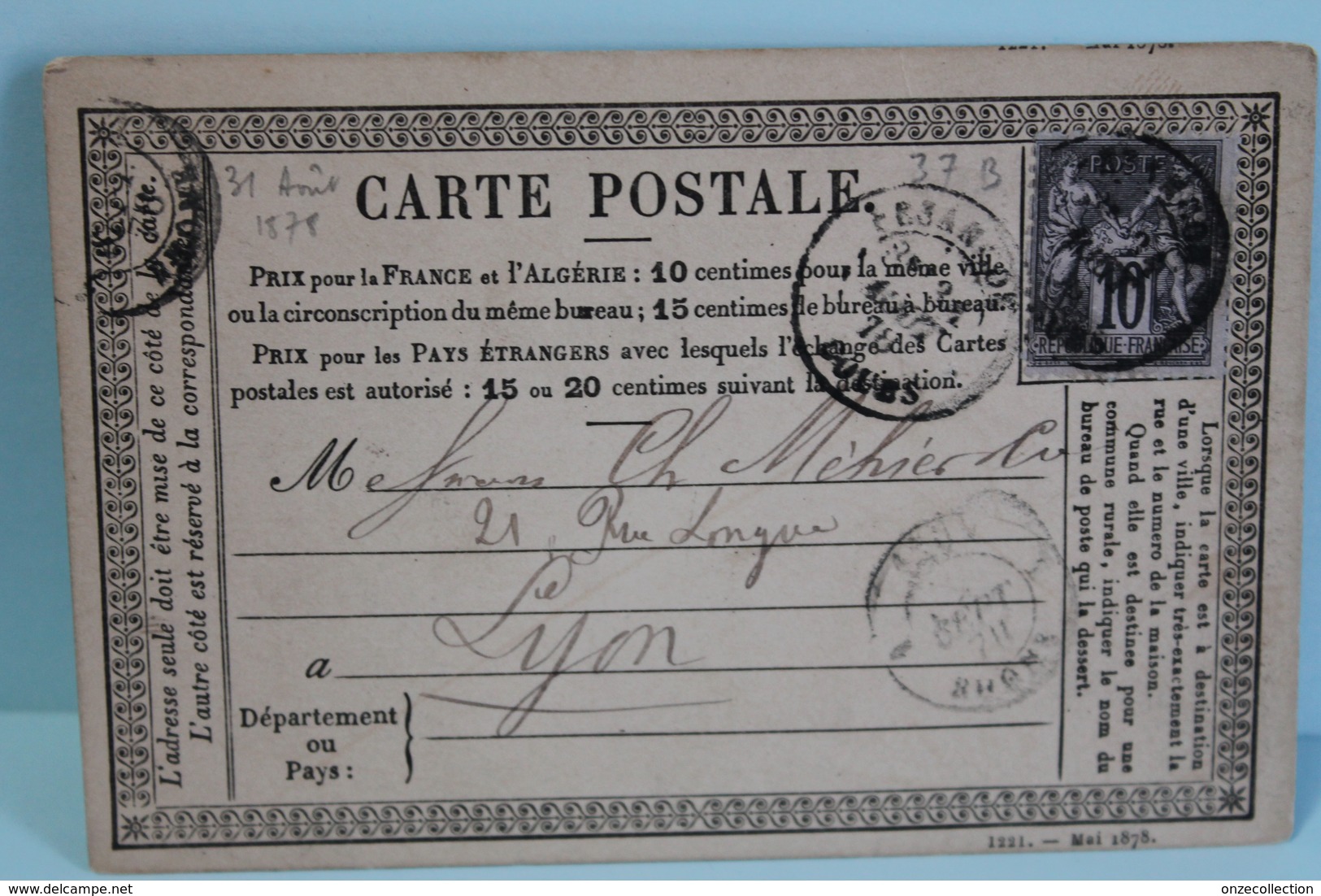 1878     -       SAGE             10 C  GRIS             BESANCON       POUR            LYON - Cartes Précurseurs