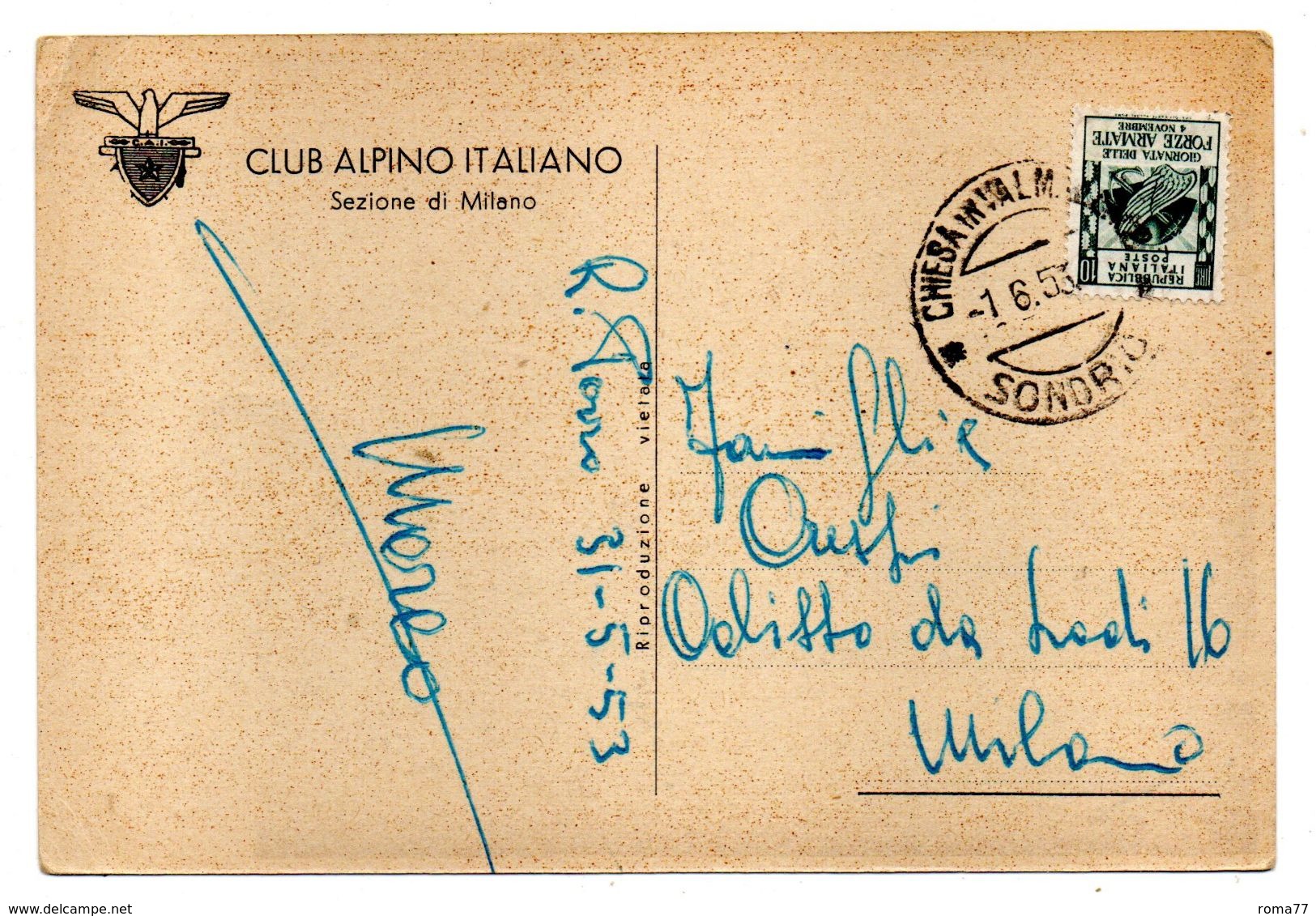 BOL3 - REPUBBLICA CLUB ALPINO ITALIANO 1953, Cartolina Da Chiesa In Valmalenco Per Milano - 1946-60: Storia Postale