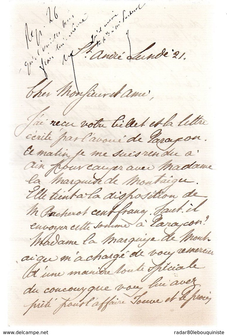 LAS.CHARLES DE FALBAIRE,avocat.St-André.Affaire De La Marquise De MONTAIGU.1892.4 LETTRES +3 CARTONS. - Autres & Non Classés