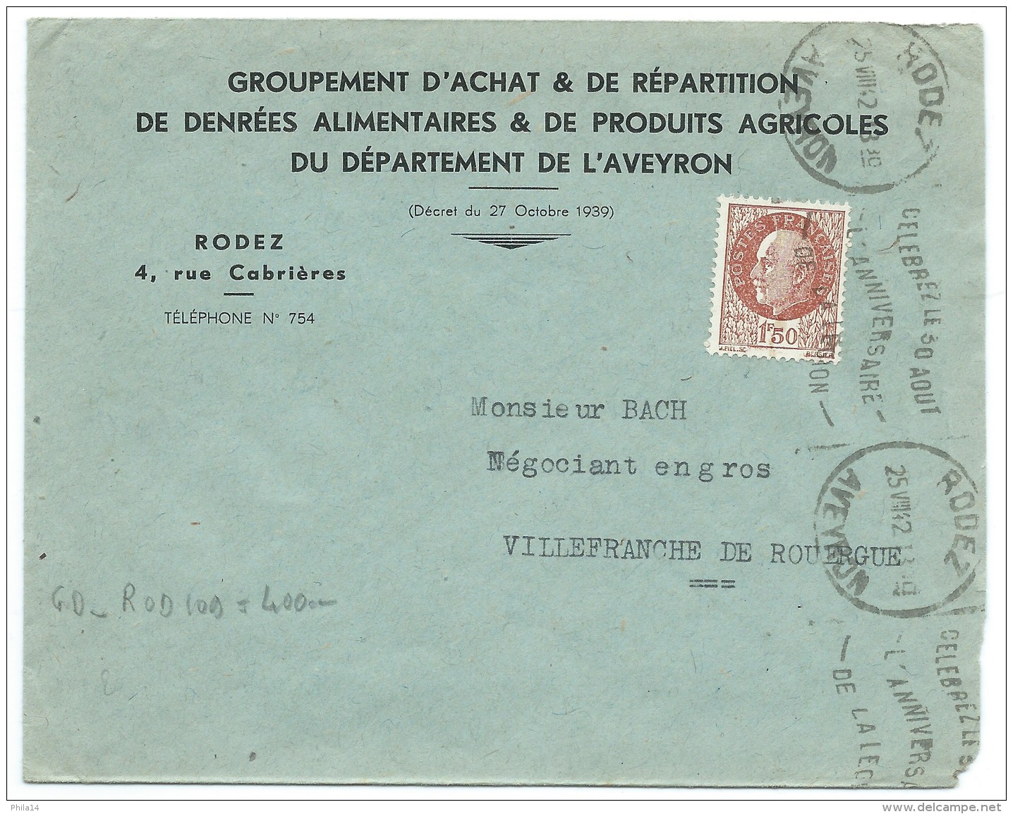 ENVELOPPE / RODEZ  AVEYRON / 1942 - 1921-1960: Modern Period