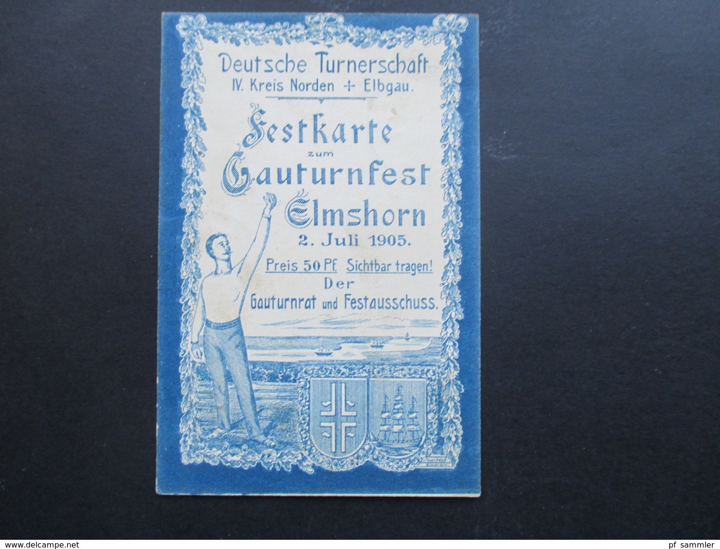 Festkarte Gauturnfest Elmshorn 1905 Bahnpoststempel Hamburg - Hoyerschleuse Zug 1011 Schleswig / Dänemark - Gymnastique