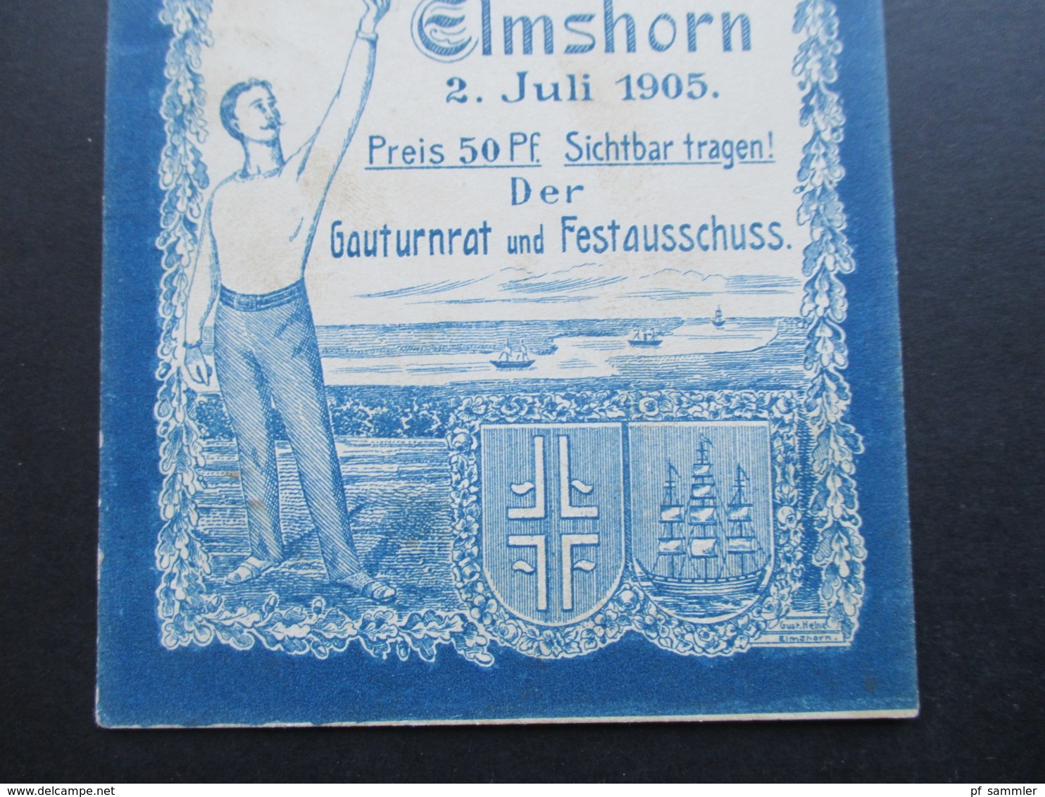 Festkarte Gauturnfest Elmshorn 1905 Bahnpoststempel Hamburg - Hoyerschleuse Zug 1011 Schleswig / Dänemark - Gymnastique