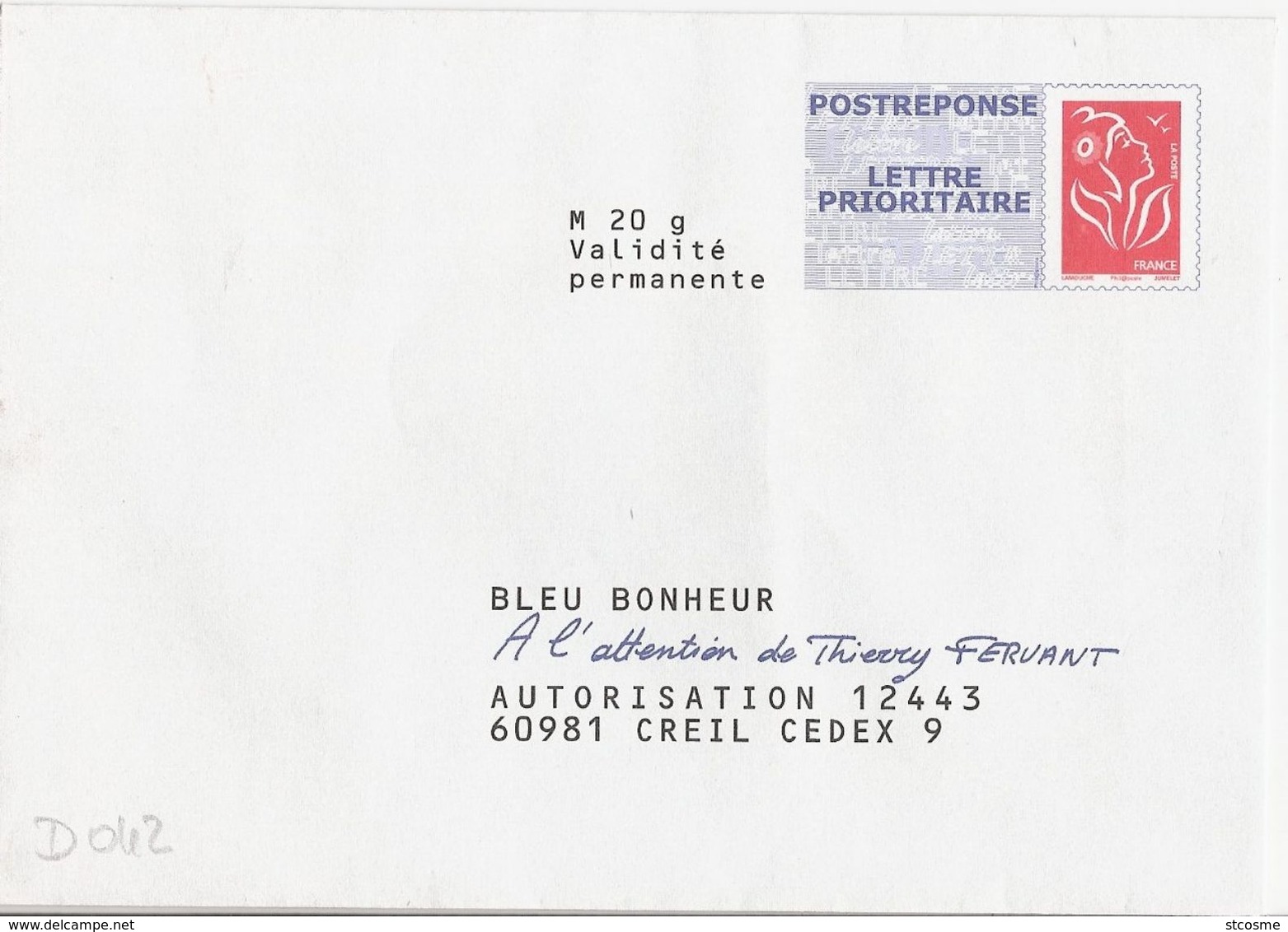 D0042 - Entier / Stationery / PSE - PAP Réponse Lamouche - Bleu Bonheur - Agrément 07P796 - Prêts-à-poster: Réponse /Lamouche