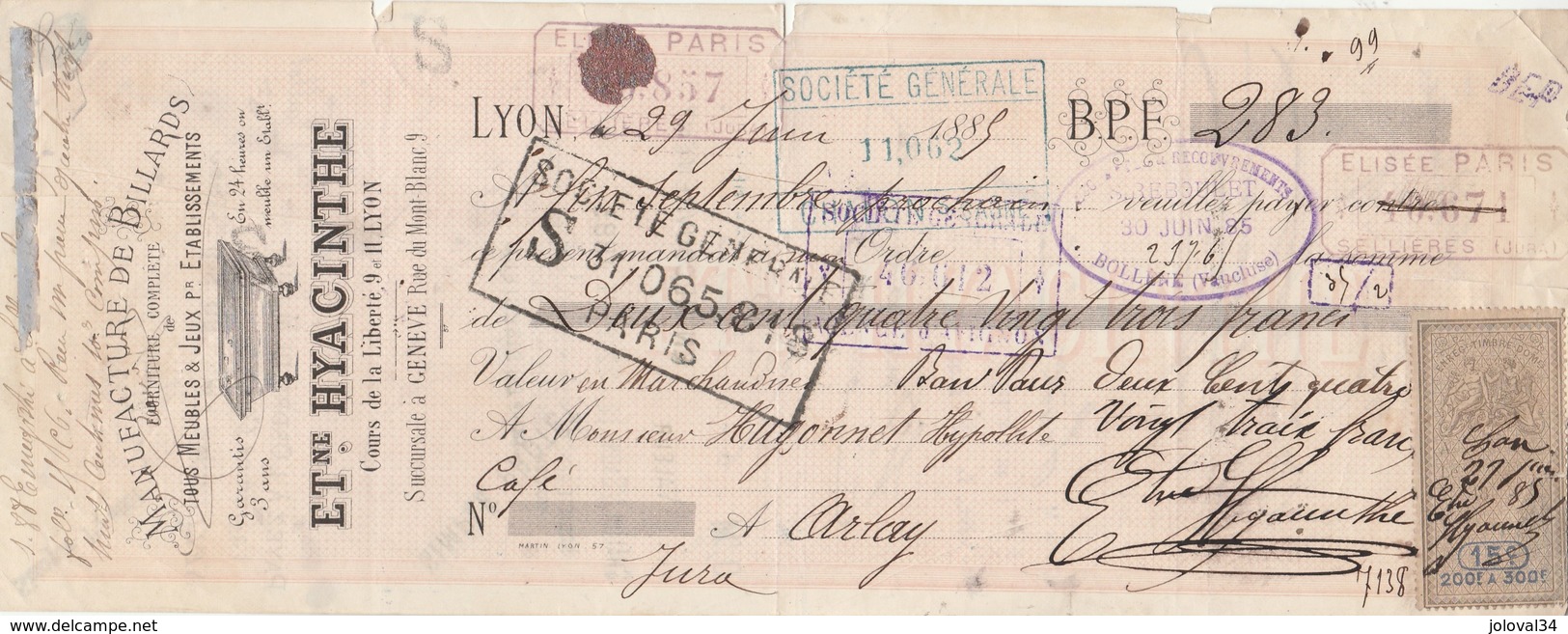 Lettre Change 29/6/1885 Hyacinthe Meubles Jeux Billards LYON Rhône à Hugonnet  Arlay Jura Timbre Fiscal - Lettres De Change