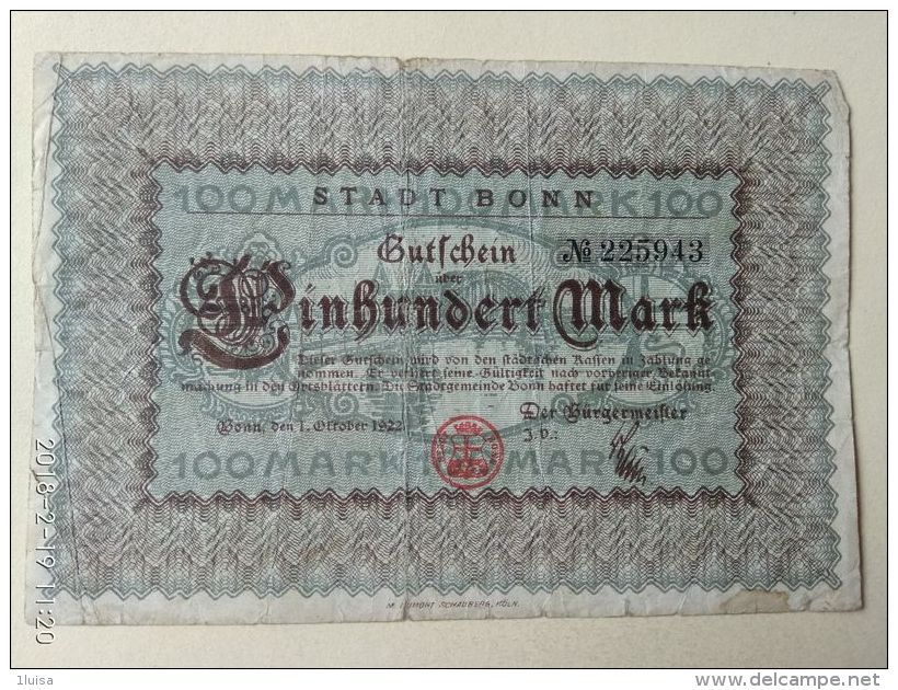 GERMANIA Bonn 100 Mark 1922 - [11] Emissioni Locali