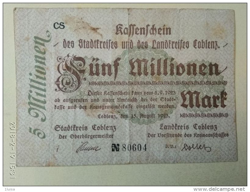 GERMANIA Coblenz 5 Milioni Mark 1923 - [11] Emissioni Locali