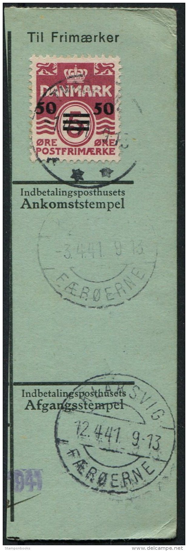 1941 Faroe Islands Provisional Overprint 50 Ore/ 5 Ore On Parcelcard Piece Thorshavn + Klaksvig - Faroe Islands