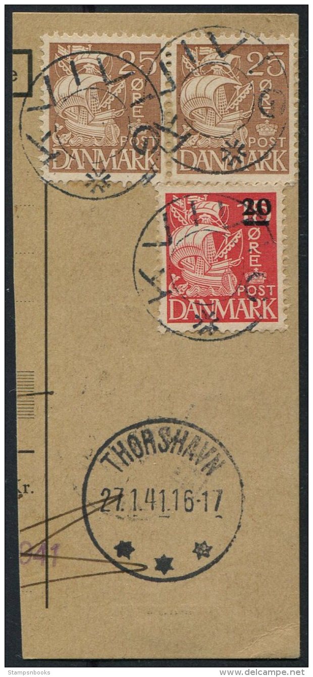 1941 Faroe Islands Provisional Overprint 20 Ore/ 15 Ore + 2 X 25 Ore On Parcelcard Piece Thorshavn + Kvivik UDS - Faroe Islands