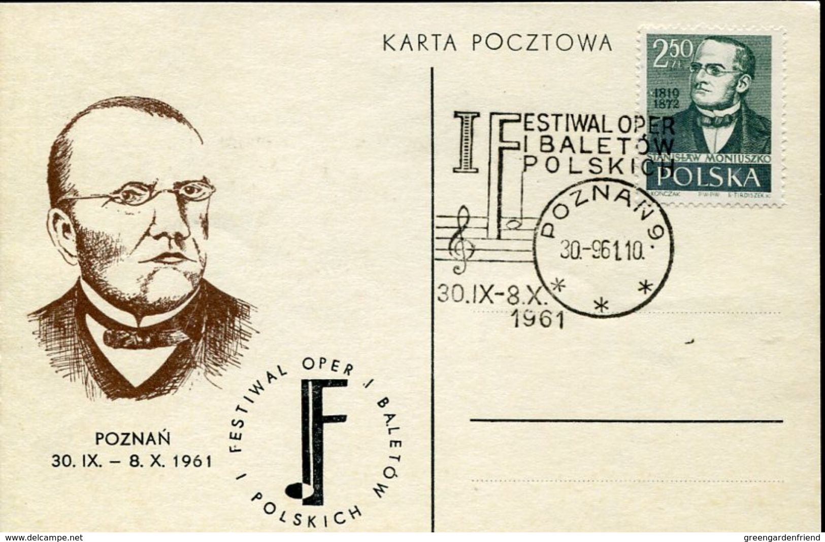 31419 Poland, Special Card And Postmark Poznan 1961  Ballet Festival And Oper Moniuszko - Muziek