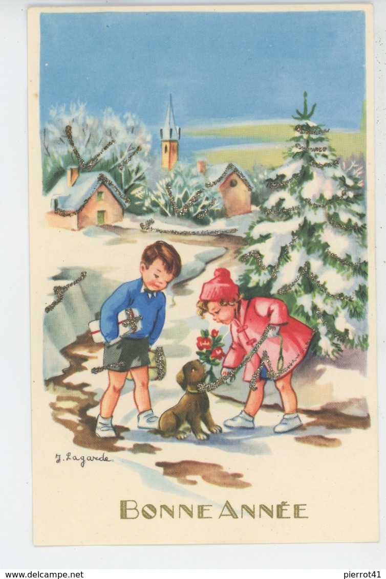 ENFANTS - DOG - Jolie Carte Fantaisie Avec Paillettes Enfant Et Chien De "Bonne Année" Signée LAGARDE - Nouvel An