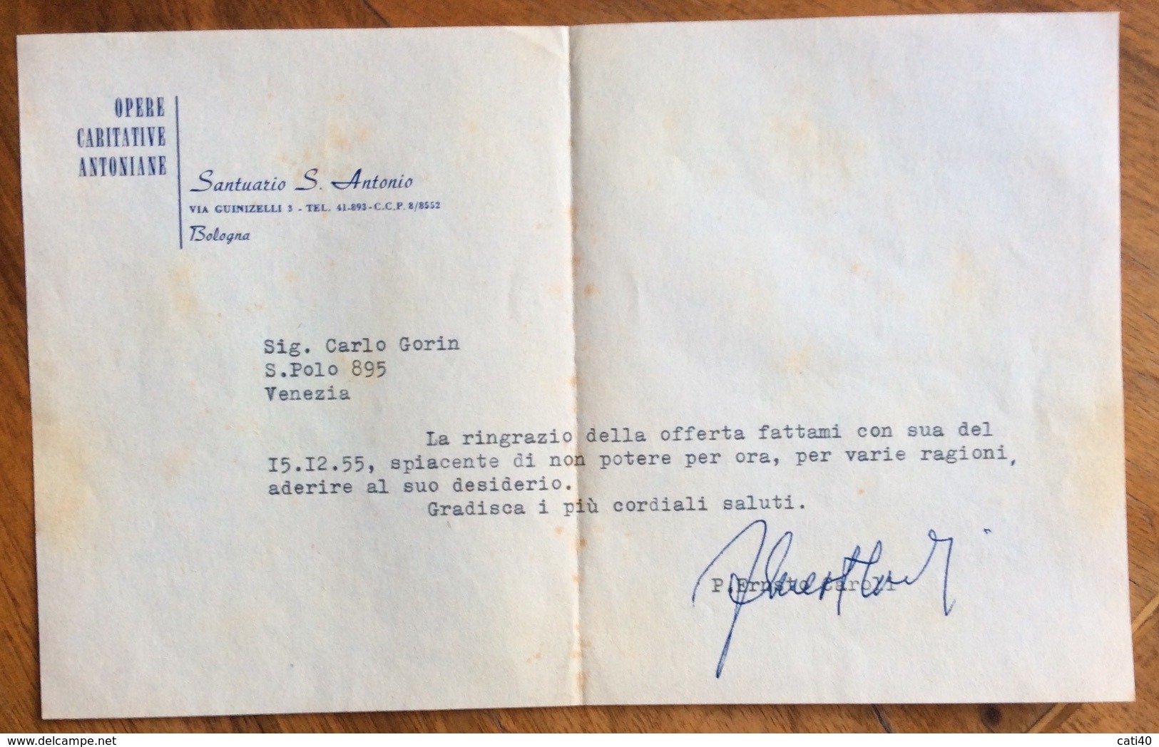 AUTOGRAFO DI ERNESTO CAROLI FONDATORE DELL'ANTONIANO DI BOLOGNA BUSTA E LETTERA INTESTATE IN DATA 19/12/1955 - Altri & Non Classificati