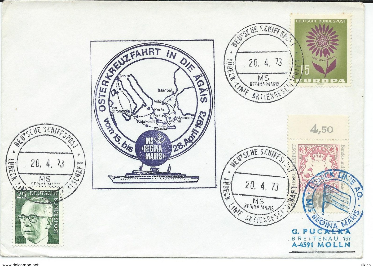 Germany Cover 1973 - Ships - M/S REGINA MARIS. Lubeck Line AG.maps - Boten