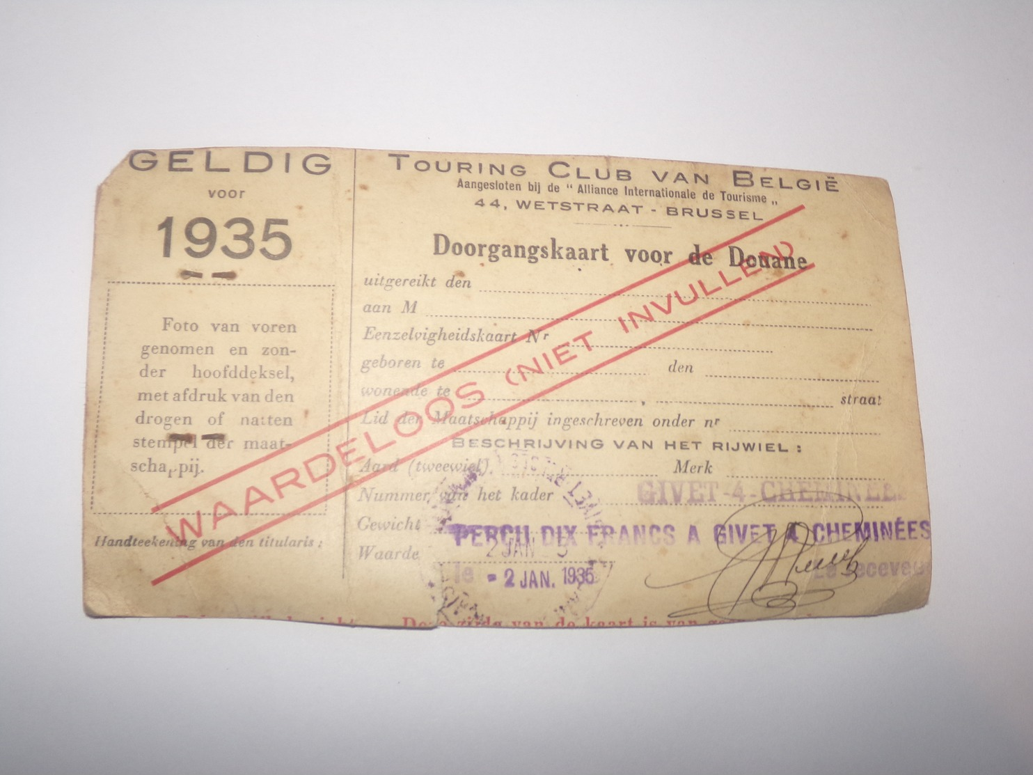 Touring Club De Belgique Carte De Passage Pour La Douane De 1935 Pour Habitant De Rienne Gedinne. - Documents Historiques