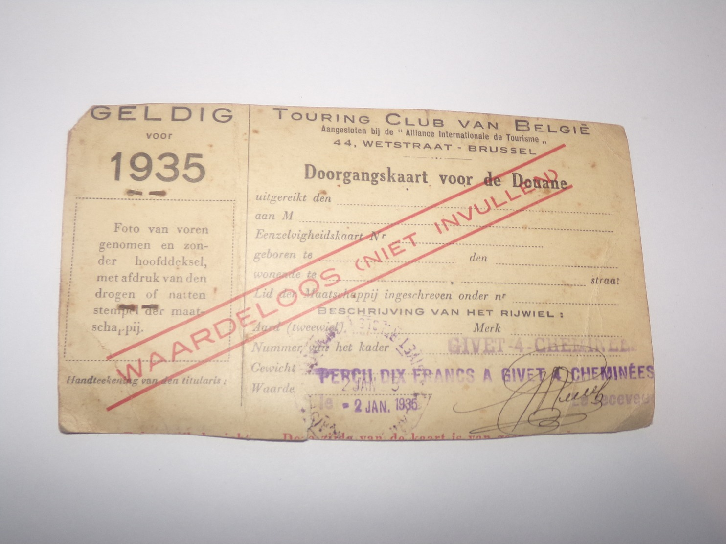 Touring Club De Belgique Carte De Passage Pour La Douane De 1935 Pour Habitant De Rienne Gedinne. - Historische Documenten