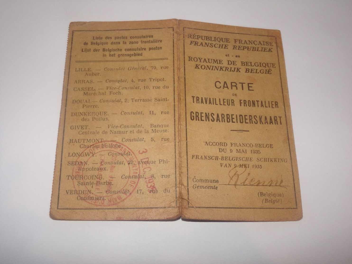Carte Travailleur Frontalier Belgique France Pour Habitant De Rienne Gedinne En 1935. - Documents Historiques