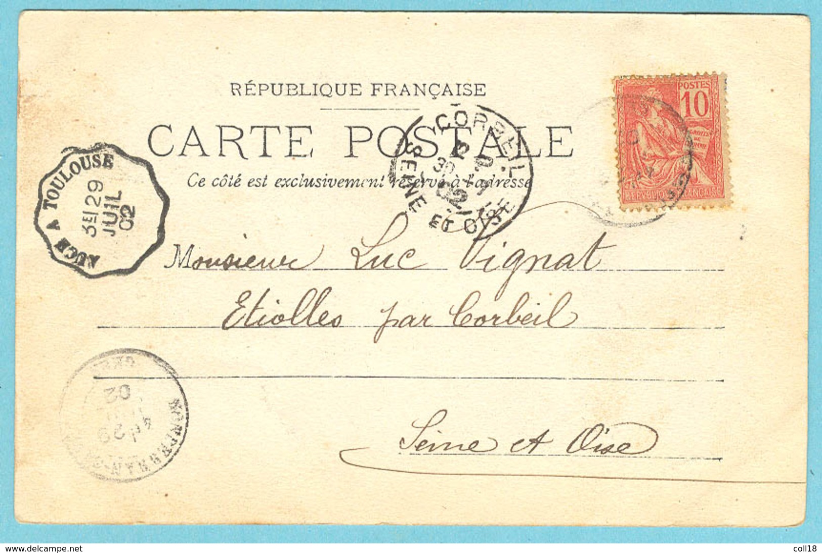 Cachet Convoyeur LIGNE Auch à Toulouse En 1902) Pour Etiolles - Poste Ferroviaire