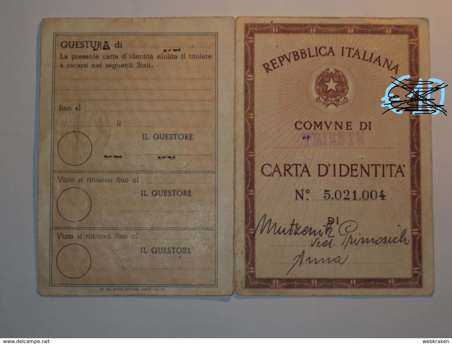 ITALIA CARTA D'IDENTITà VECCHIA DEL COMUNE DI TRIESTE - Non Classificati