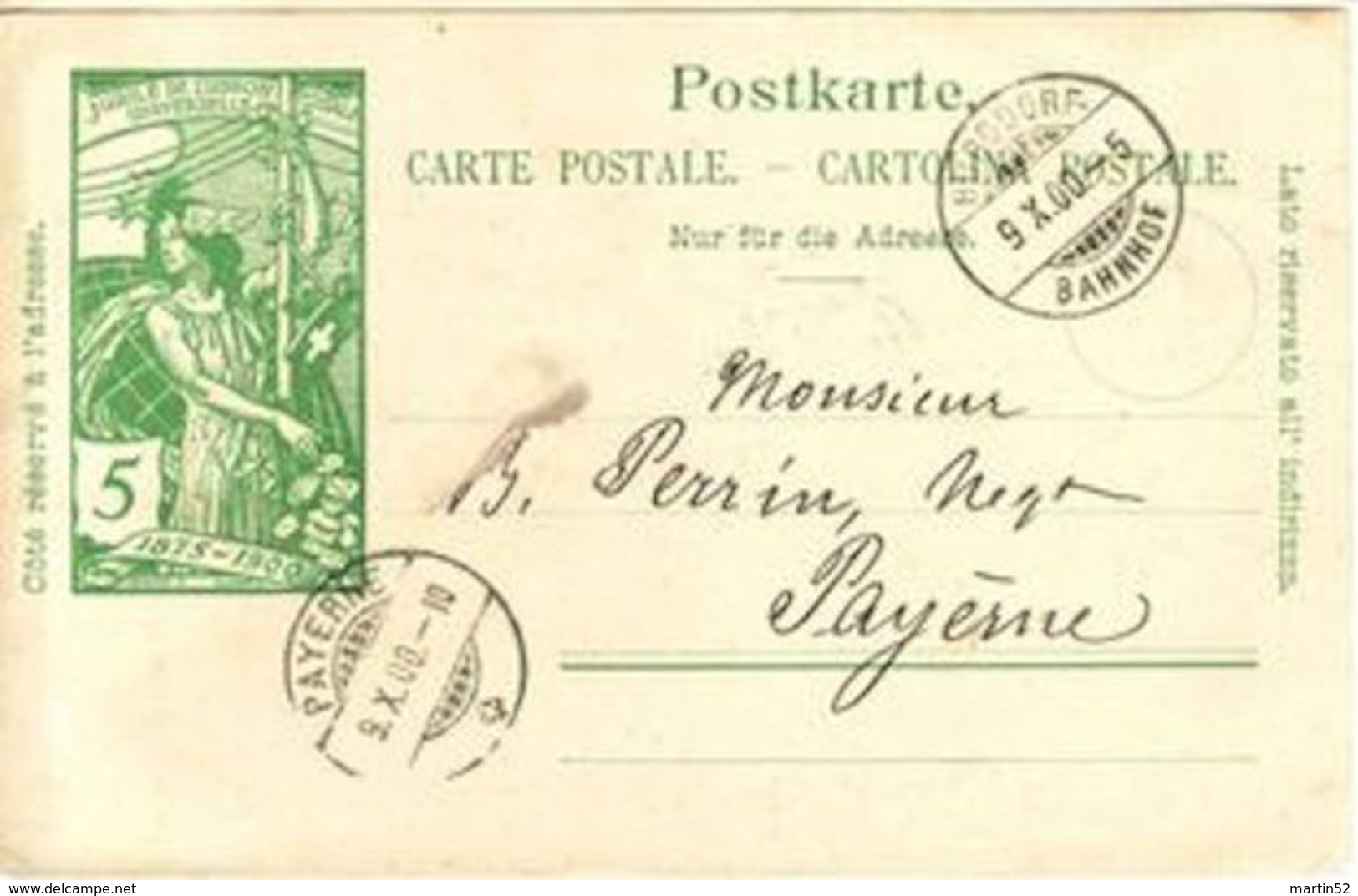 Schweiz Suisse UPU 1900: Karte 5c Grün Mit Stempel BURGDORF 9.X.00 Nach PAYERNE - Entiers Postaux