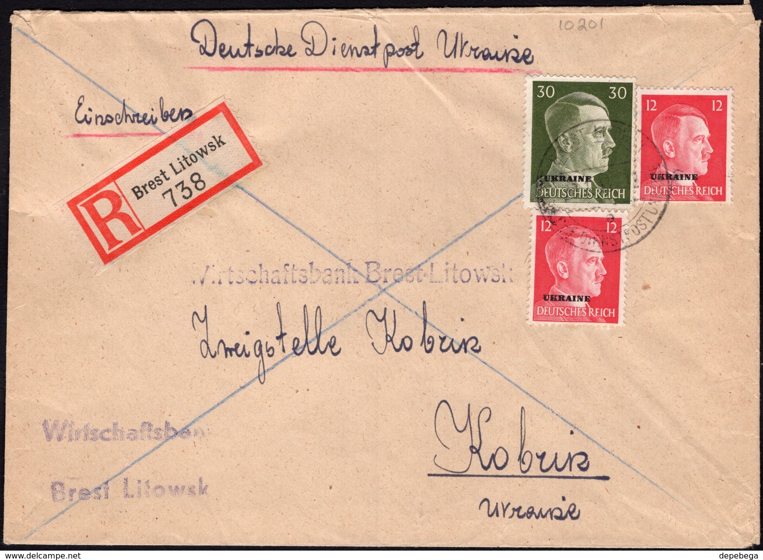 Germany - Deutsche Dienstpost Ukraine (Mi. 8,14 MIF) Einschreiben Brief, BREST LITOWSK (Bresi Litowsk), 22.1.1943.. - Besetzungen 1938-45