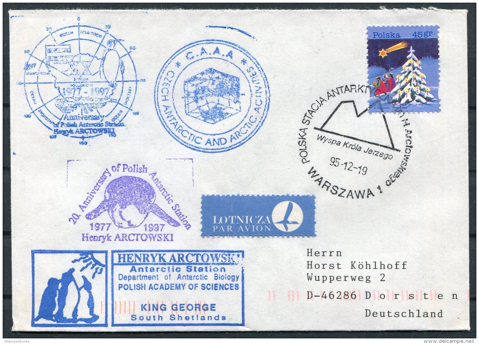 1995 Poland Antarctica Antarctic Polar Expedition Penguin Cover. South Shetland, King George Island, Czech C.A.A.A. - Antarctic Expeditions