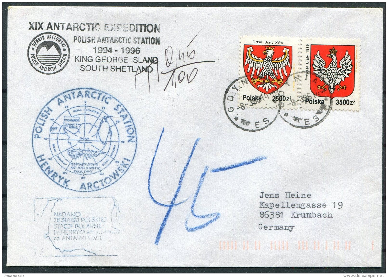 1996 Poland Antarctica Antarctic Polar Expedition Cover. South Shetland, Arctowski, Postage Due, Taxe, Penguin - Antarctic Expeditions