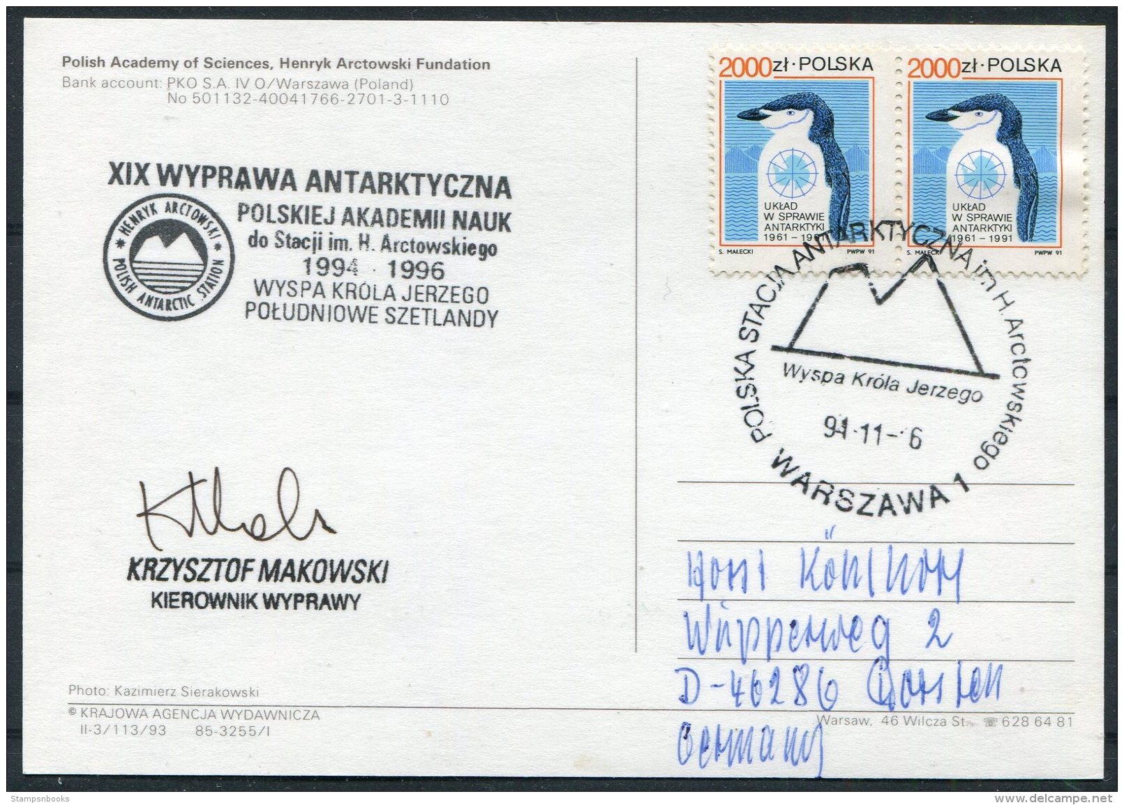 1994 Poland Antarctica Polar Expedition Penguin, Polish Antarctic Station Arctowski Postcard. SIGNED - Bases Antarctiques