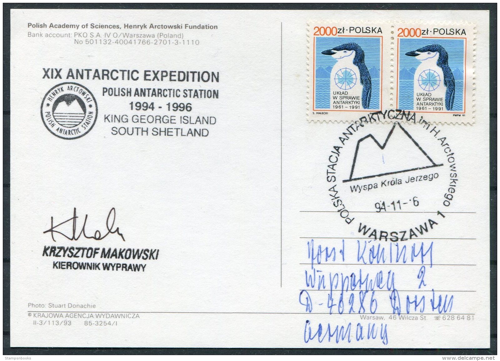 1994 Poland Antarctica Polar Expedition Penguin, Polish Antarctic Station Arctowski Postcard. SIGNED - Research Stations